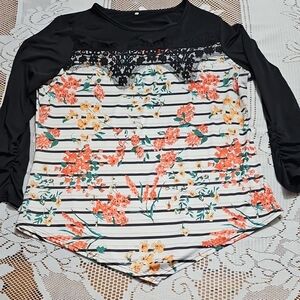 Floral Striped Women's Handkerchief Hem Top